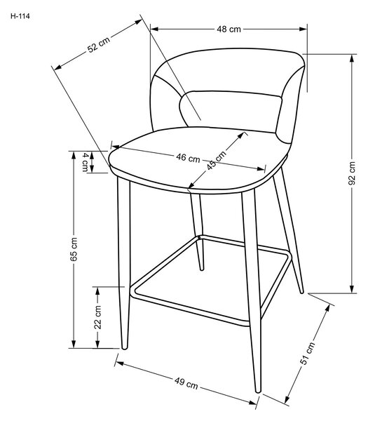 Scaun de bar bej H114, stofa clasica/otel, 48x52x92 cm