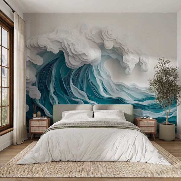 Tapet Val oceanic spumos în stil paper-cut, Fototapet Marea, w08694 : Uwalls.ro