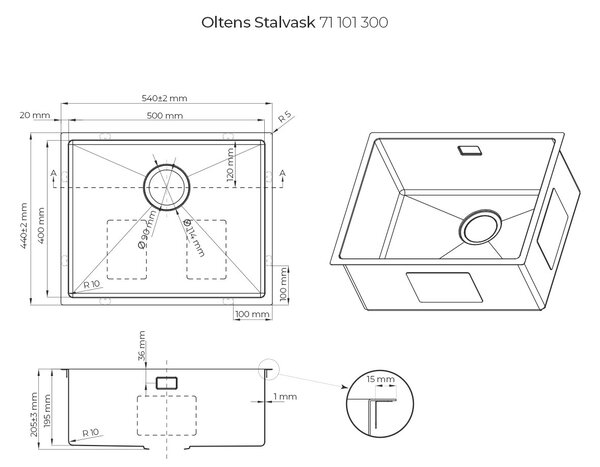 Oltens Stalvask chiuveta din otel 54x44 cm negru 71101300