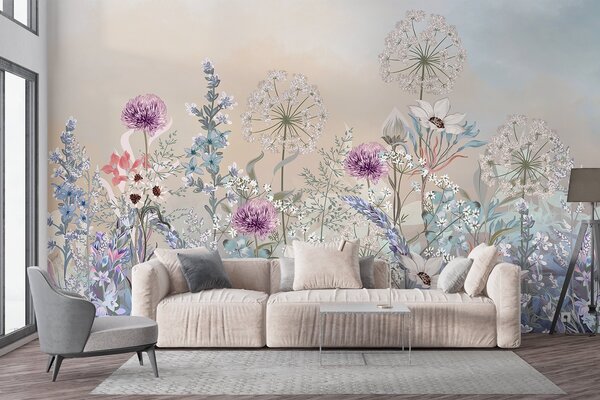 Tapet O grădină florală vibrantă cu diverse flori și iarbă pe un fundal texturat de gradient de culoare, Fototapet Acuarelă, w08699 : Uwalls.ro