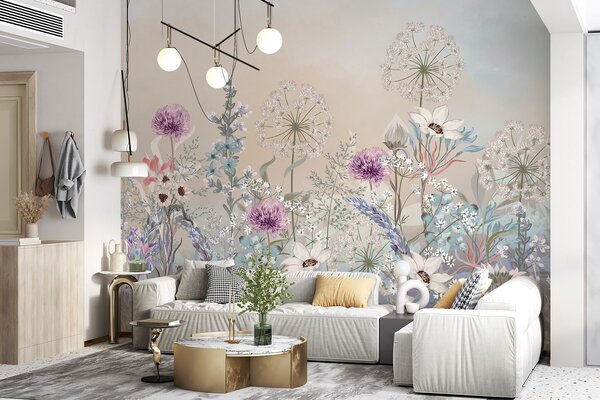 Tapet O grădină florală vibrantă cu diverse flori și iarbă pe un fundal texturat de gradient de culoare, Fototapet Acuarelă, w08699 : Uwalls.ro
