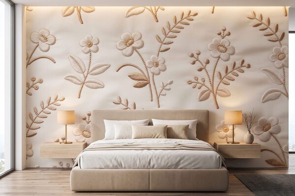 Tapet Model floral brodat imitație cu fir galben pe țesătură, Fototapet Flori, w09953 : Uwalls.ro