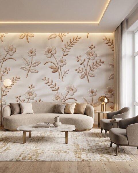 Tapet Model floral brodat imitație cu fir galben pe țesătură, Fototapet Flori, w09953 : Uwalls.ro