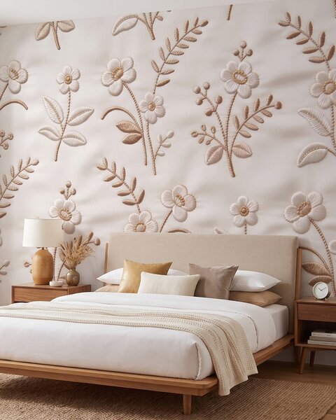 Tapet Model floral brodat imitație cu fir galben pe țesătură, Fototapet Flori, w09953 : Uwalls.ro