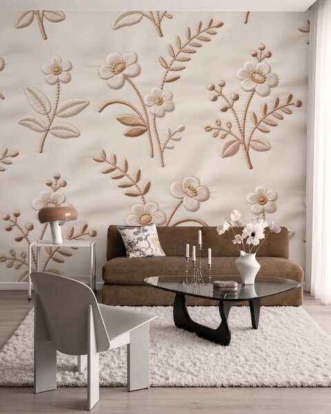 Tapet Model floral brodat imitație cu fir galben pe țesătură, Fototapet Flori, w09953 : Uwalls.ro