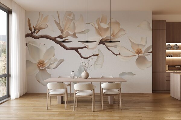 Tapet O ramură de copac cu flori delicate de magnolie și petale care cad, Fototapet Flori, w08706 : Uwalls.ro