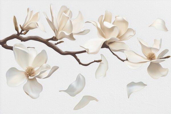 Tapet O ramură de copac cu flori delicate de magnolie și petale care cad, Fototapet Flori, w08706 : Uwalls.ro