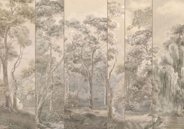 Tapet O pădure panoramică cu copaci înalți, în nuanțe delicate și calde, Imagini de fundal unice, w05811 : Uwalls.ro
