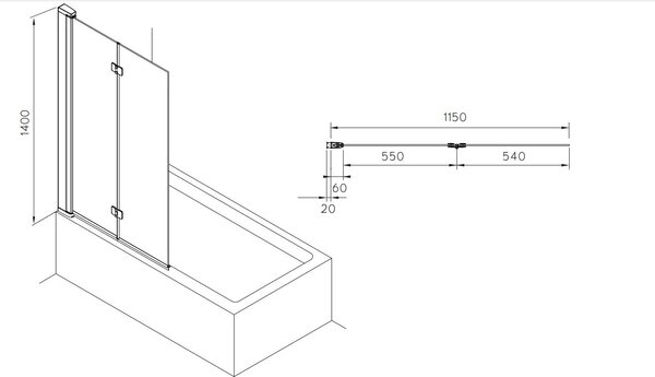 Roca Capital paravan cadă 115 cm două piese crom luciu/sticlă transparentă AM4111512M