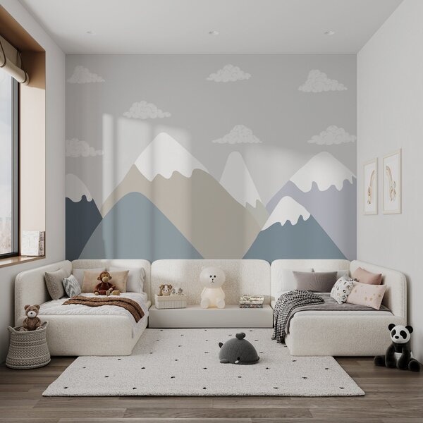 Tapet Peisaj montan minimalist cu vârfuri acoperite de zăpadă în tonuri gri-albastru și bej, completate, Fototapet Pentru Copii, w03040 : Uwalls.ro