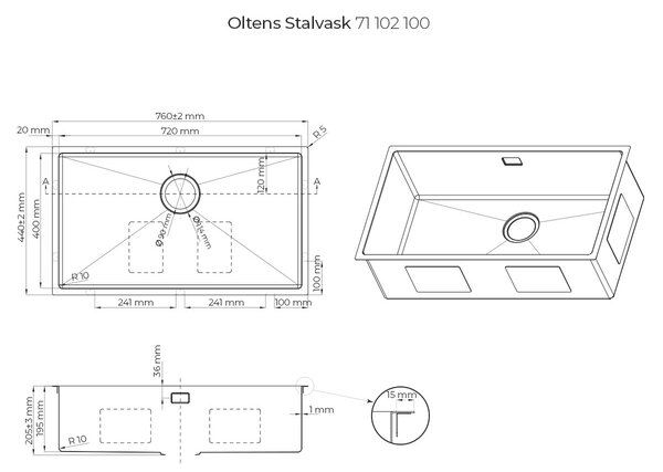 Oltens Stalvask chiuveta din otel 76x44 cm oţel 71102100
