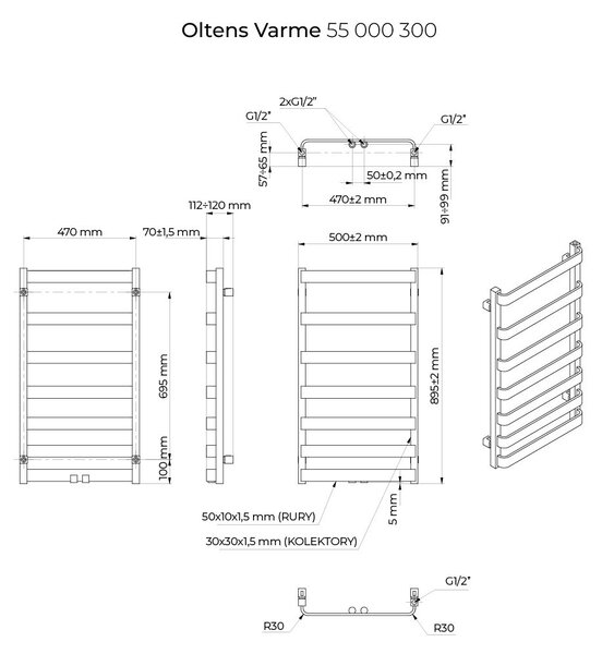 Oltens Varme calorifer de baie scară 89.5x50 cm negru mat 55000300
