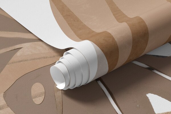 Tapet Design abstract cu diverse frunze tropicale și în tonuri pământii de maro, bej și, Fototapet pădure, Fototapet Tropics, w08738 : Uwalls.ro