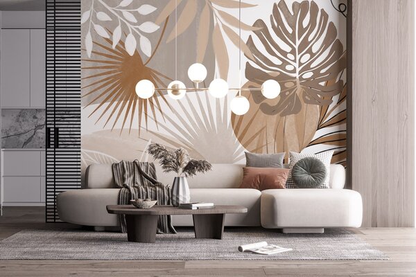 Tapet Design abstract cu diverse frunze tropicale și în tonuri pământii de maro, bej și, Fototapet pădure, Fototapet Tropics, w08738 : Uwalls.ro