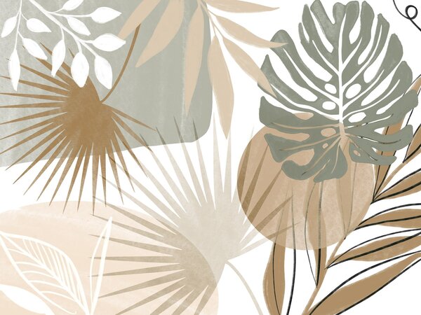 Tapet Design abstract cu diverse frunze tropicale și în tonuri pământii de verde,, Fototapet Natură, Fototapet Foi de palmier, w08738v1 : Uwalls.ro
