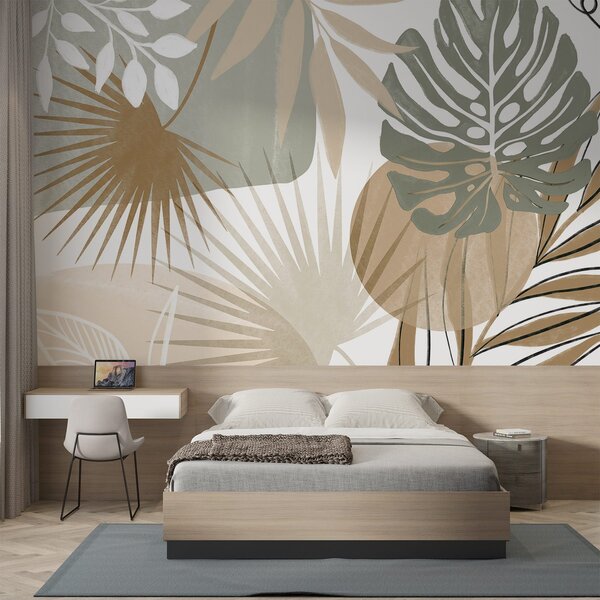 Tapet Design abstract cu diverse frunze tropicale și în tonuri pământii de verde,, Fototapet Natură, Fototapet Foi de palmier, w08738v1 : Uwalls.ro