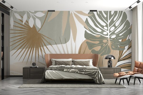 Tapet Design abstract cu diverse frunze tropicale și în tonuri pământii de verde,, Fototapet Natură, Fototapet Foi de palmier, w08738v1 : Uwalls.ro