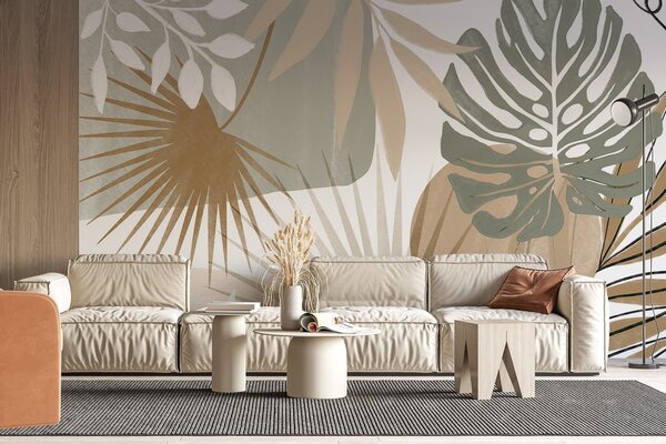 Tapet Design abstract cu diverse frunze tropicale și în tonuri pământii de verde,, Fototapet Natură, Fototapet Foi de palmier, w08738v1 : Uwalls.ro