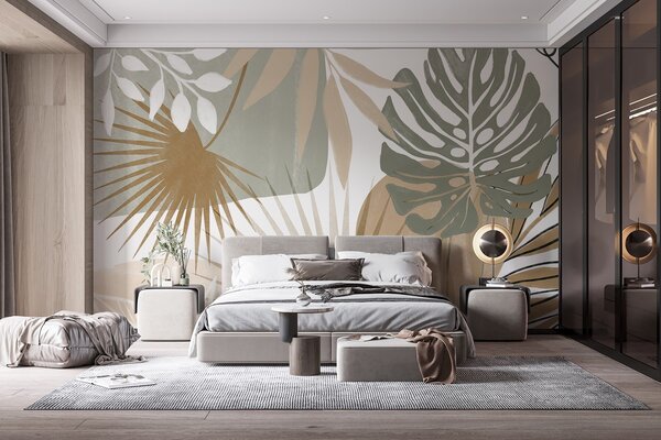 Tapet Design abstract cu diverse frunze tropicale și în tonuri pământii de verde,, Fototapet Natură, Fototapet Foi de palmier, w08738v1 : Uwalls.ro