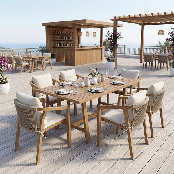 Set 7 masa si scaune gradina V1, Malibu, Bej, 90x160x75 cm