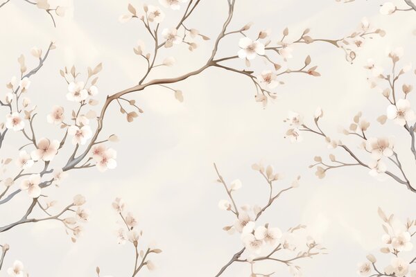 Tapet Ramuri delicate de sakura înflorit cu petale roz moale pe un fundal deschis, Fototapet Flori, w03081 : Uwalls.ro