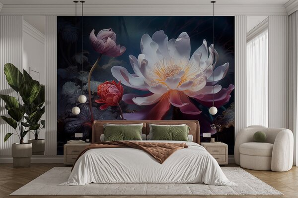 Tapet Flori fantastice care înfloresc într-o atmosferă întunecată de basm, Fototapet Flori, w08747 : Uwalls.ro