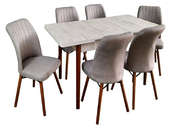 Set masă extensibilă Aris Alb cu 6 scaune Kare Gri