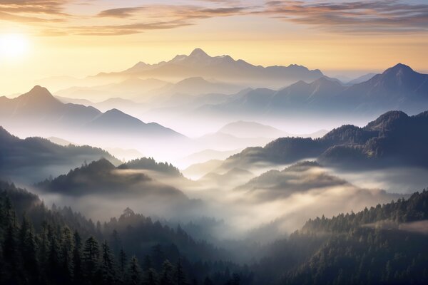 Tapet Peisaj montan senin în zori, cu ceață moale învăluind pinii, Fototapet Natură, w08748 : Uwalls.ro