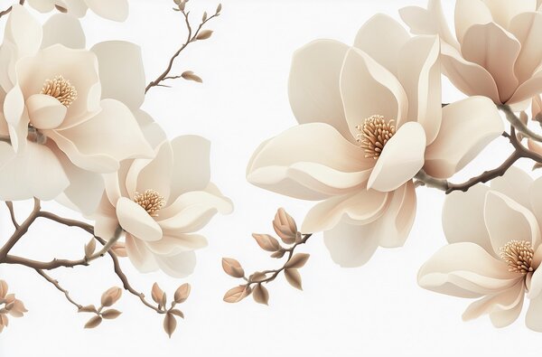 Tapet Ramuri de magnolie de culoare crem pe un fundal alb, Fototapet Flori, w08755 : Uwalls.ro