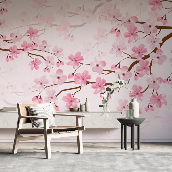 Tapet Ramuri înflorite cu flori roz, Fototapet Natură, w03097 : Uwalls.ro