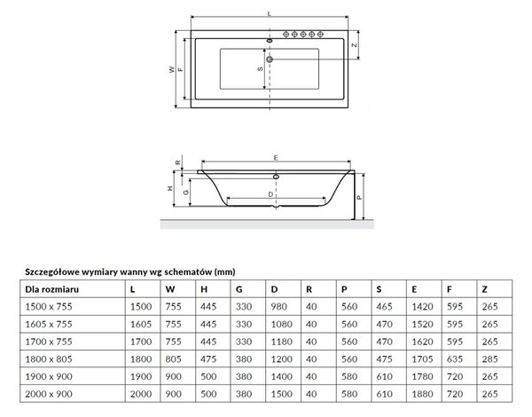 Excellent Pryzmat cada dreptunghiulară 200x90 cm alb WAEX.PRY20WH