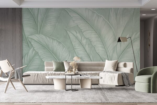 Tapet Frunze tropicale mari detaliate foarte texturate într-o culoare verde monocromatică, Fototapet pădure, Fototapet Tropics, w08772v1 : Uwalls.ro