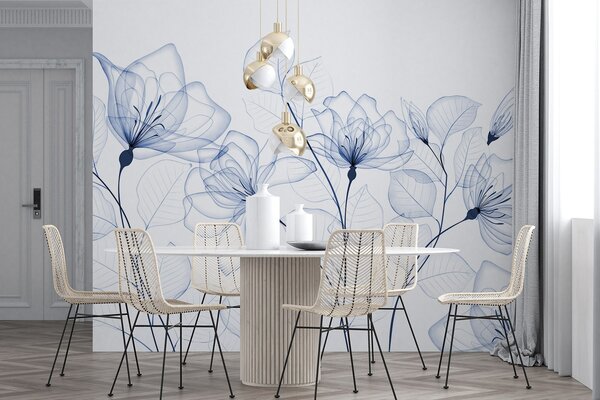 Tapet Flori albastre minimaliste delicate, cu petale și frunze transparente, pe un fundal alb, Fototapet Acuarelă, w08776 : Uwalls.ro