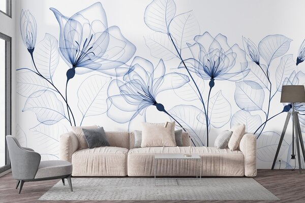 Tapet Flori albastre minimaliste delicate, cu petale și frunze transparente, pe un fundal alb, Fototapet Acuarelă, w08776 : Uwalls.ro