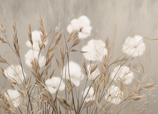 Tapet Flori albe moi, pufoase din bumbac și ierburi înalte portocalii cu spikelets pe un fundal bej cu textură, Fototapet Natură, w08784 : Uwalls.ro