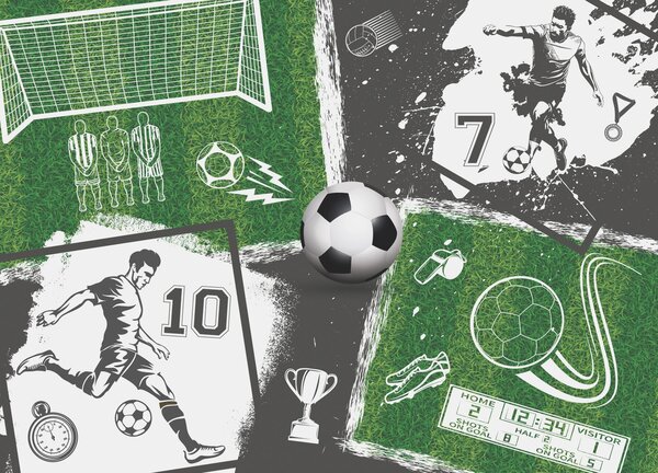 Tapet Jucători de fotbal, minge și teren, Fototapet pentru camera unui adolescent, Fototapet Fotbal, w03121 : Uwalls.ro