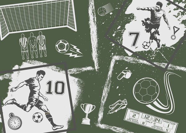 Tapet Jucători de fotbal, minge și alte atribute de fotbal în tonuri, Fototapet pentru camera unui adolescent, Fototapet Fotbal, w03122v2 : Uwalls.ro