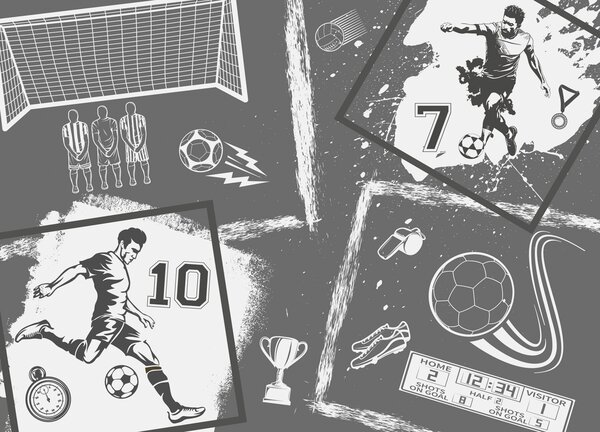 Tapet Jucători de fotbal, minge și alte atribute de fotbal în tonuri, Fototapet pentru camera unui adolescent, Fototapet Fotbal, w03122v1 : Uwalls.ro