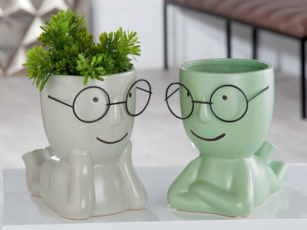 Set 2 vaze Smile, Ceramica, Verde Gri, 20x13.5x21.5x cm