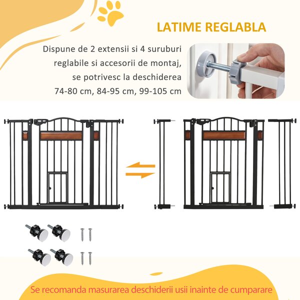 PawHut Poartă de Siguranță pentru Câini cu Închidere Automată 74-105x76.2 cm Neagră | Aosom Romania