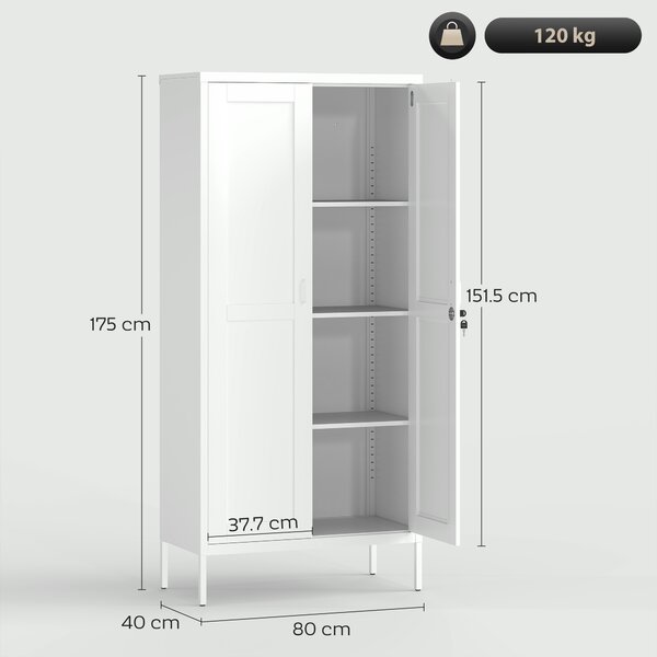 HOMCOM Dulap pentru Birou în Oțel cu 3 Rafturi Reglabile cu Serratură și 2 Chei, 80x40x175 cm, Alb | Aosom Romania