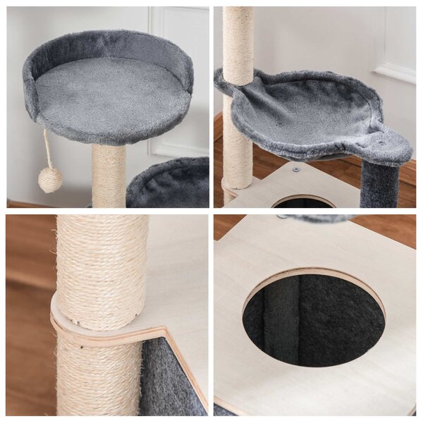 PawHut Ansamblu Joacă Pisici, Lemn/Plush, Zona Zgâriat, Design Atractiv, 48x34x95 cm, Gri-Bej | Aosom Romania
