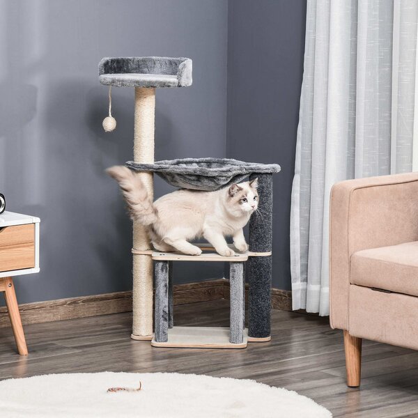 PawHut Ansamblu Joacă Pisici, Lemn/Plush, Zona Zgâriat, Design Atractiv, 48x34x95 cm, Gri-Bej | Aosom Romania
