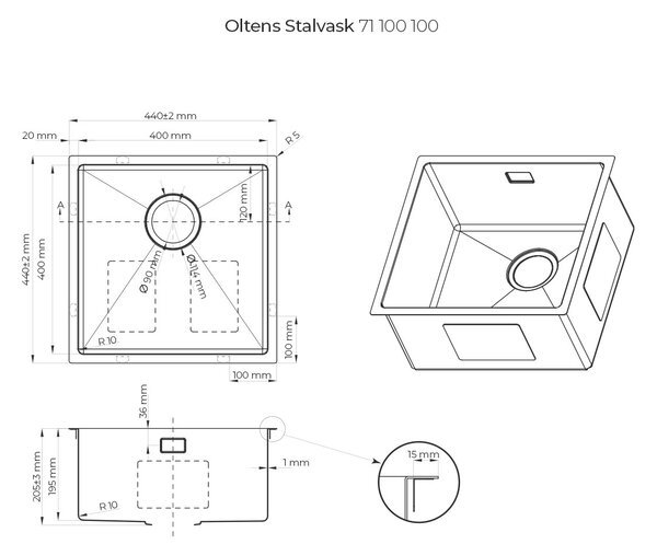 Oltens Stalvask chiuveta din otel 44x44 cm oţel 71100100