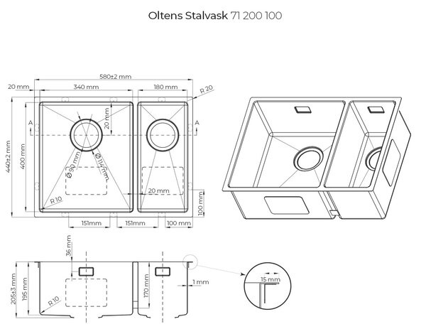 Oltens Stalvask chiuveta din otel 58x44 cm oţel 71200100