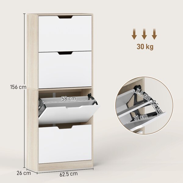 HOMCOM Dulap Subțire pentru Pantofi cu 4 Sertare pentru 16 de Perechi de Pantofi 62.5x26x156 cm, Culoare Lemn și Alb | Aosom Romania