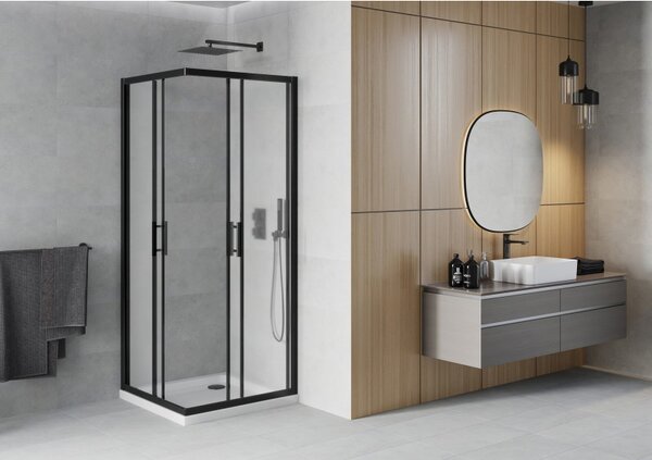 Mexen Rio, duș pătrat cu ușă glisantă 90(uşă) x 90(uşă) x 190 cm, sticlă mată 6mm, profil negru + cadă de duș SLIM albă, 860-090-090-70-30-4010B