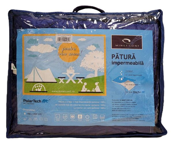 Patura Cocolino Picnic Impermeabila 3 Straturi, PolarTech150x200-Cm, Albastru + Gri Inchis