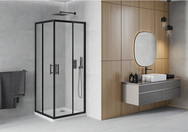 Mexen Rio, duș pătrat cu ușă glisantă 90(uşă) x 90(uşă) x 190 cm, sticlă mată 6mm, profil negru + cadă de duș SLIM albă, 860-090-090-70-30-4010B