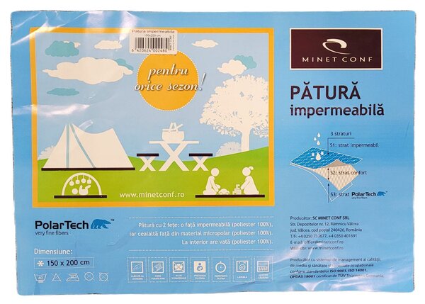 Patura Cocolino Picnic Impermeabila 3 Straturi, PolarTech150x200-Cm, Albastru + Gri Inchis